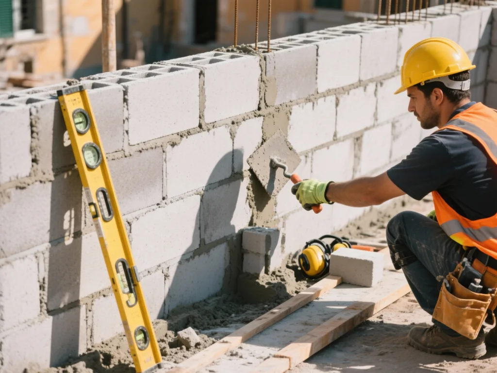 Cantiere di muratura in Italia, muro in elevazione