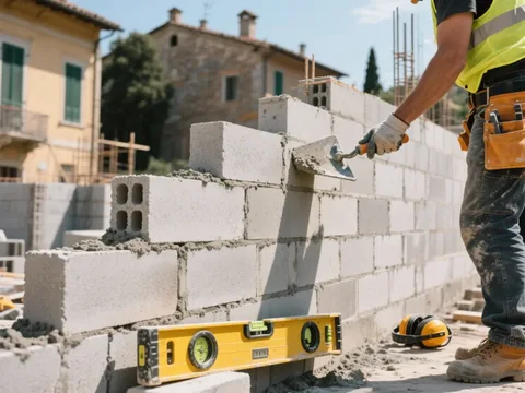 Cantiere di muratura in Italia, muro in elevazione