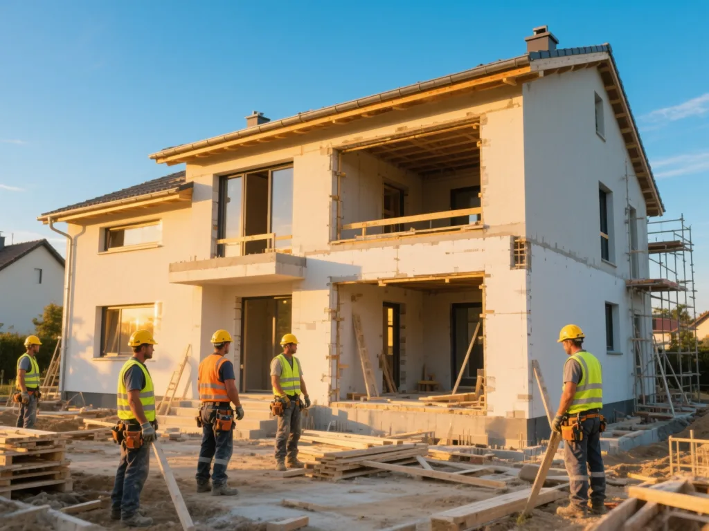Chantier de construction sous lumière dorée du matin