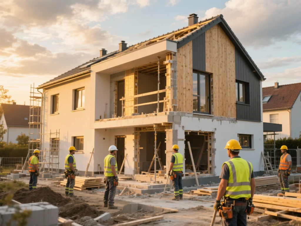 Chantier de construction sous lumière dorée du matin