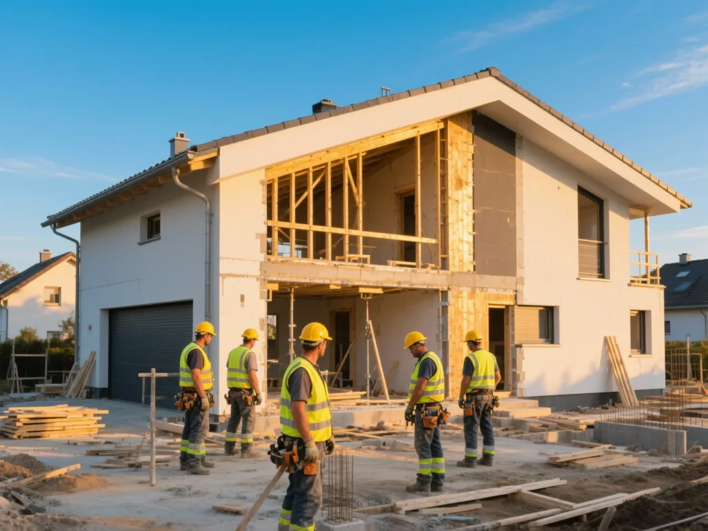 Chantier de construction sous lumière dorée du matin