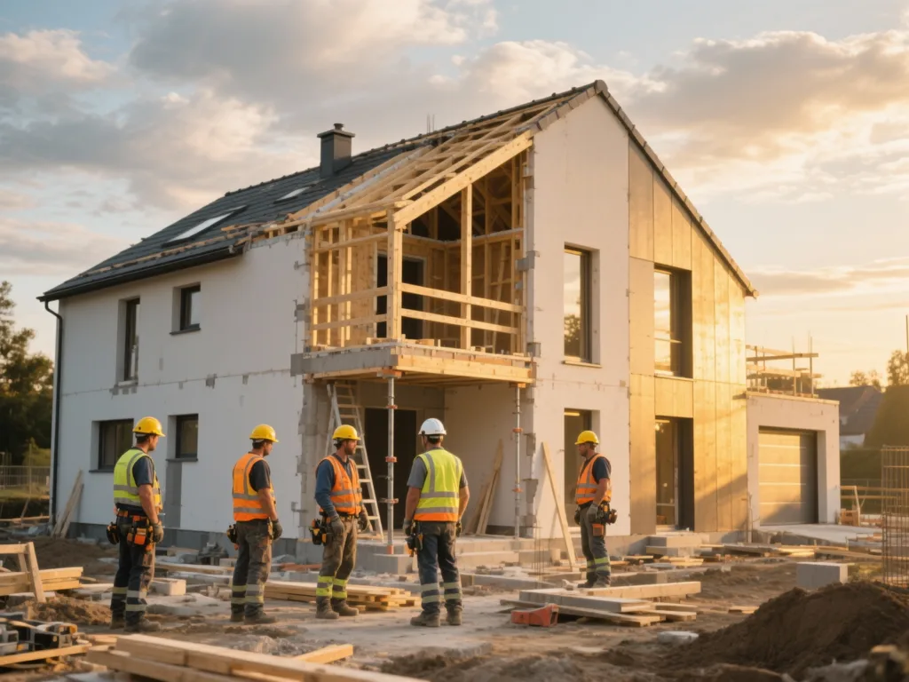 Chantier de construction sous lumière dorée du matin