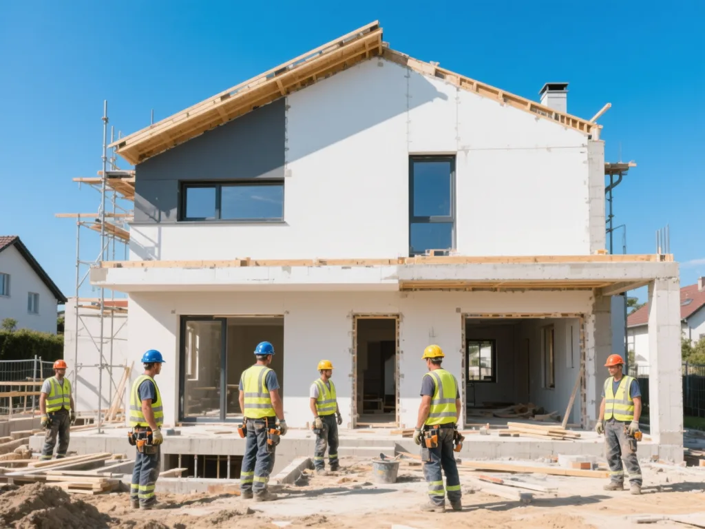 Chantier de construction sous lumière naturelle de midi