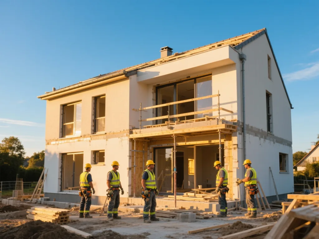 Chantier de construction sous lumière dorée du matin