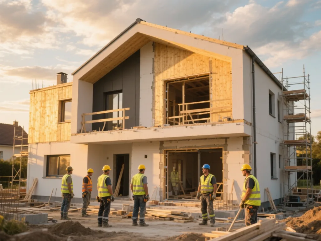 Chantier de construction sous lumière dorée du matin