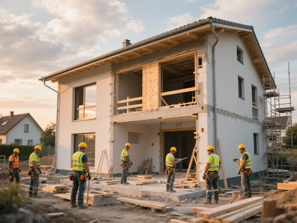 Chantier de construction sous lumière douce de fin de journée