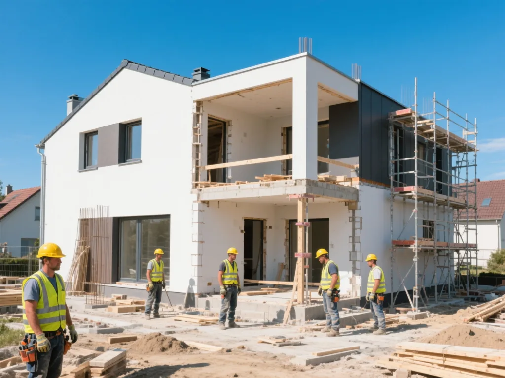 Chantier de construction sous lumière naturelle de midi