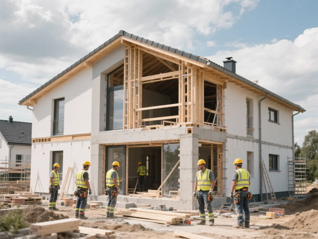 Chantier de construction sous lumière naturelle de midi