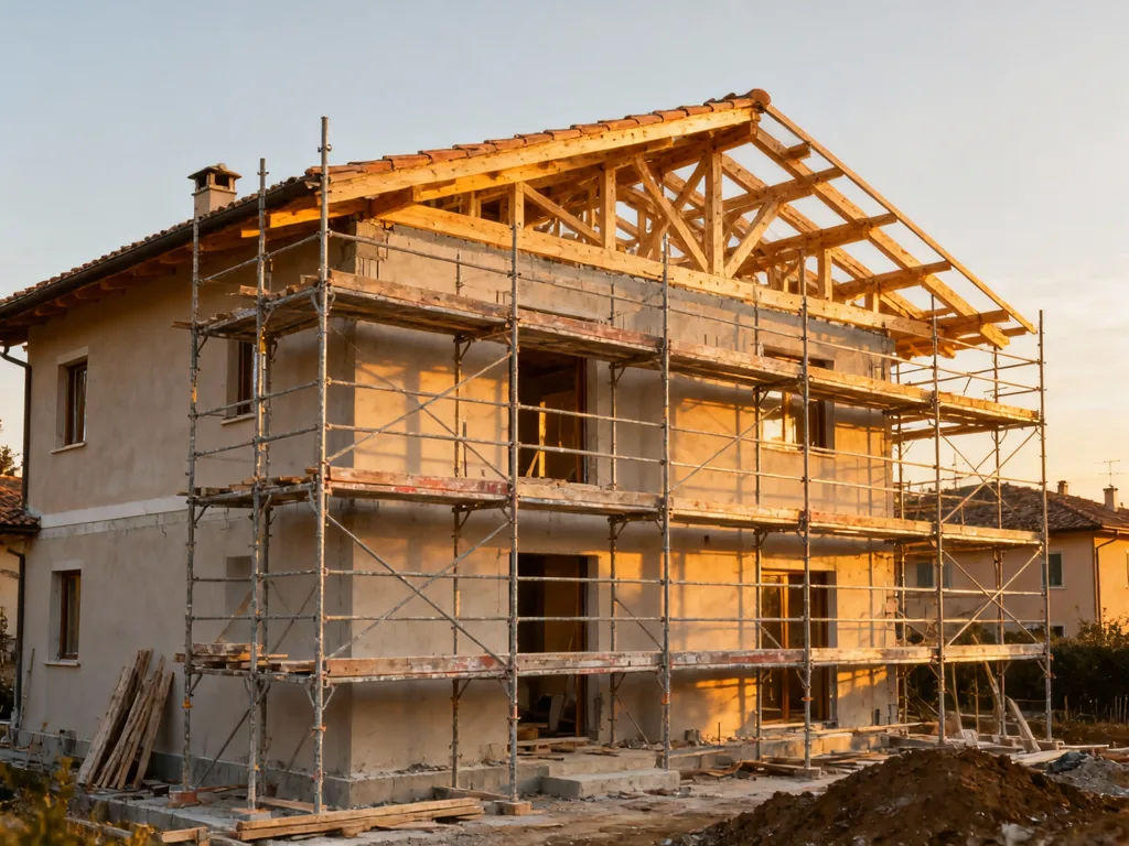 Cantiere di costruzione di una casa in Italia, struttura principale sotto luce dorata