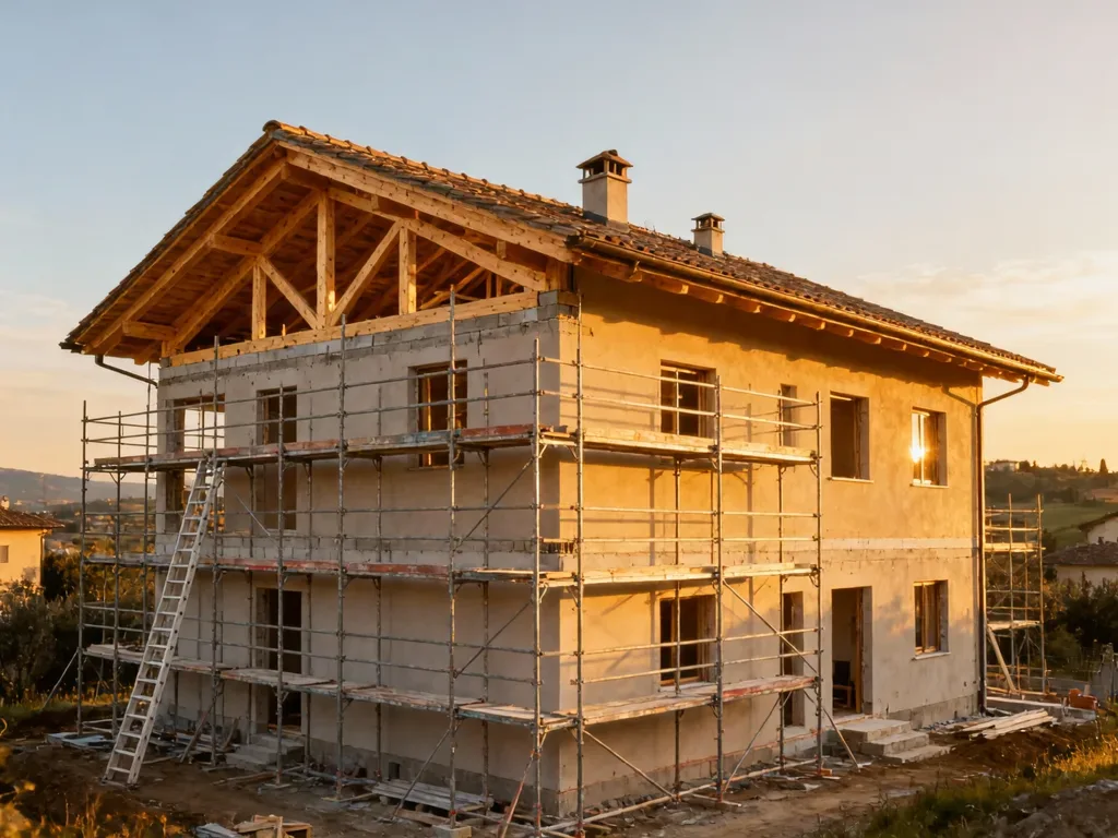 Cantiere di costruzione di una casa in Italia, struttura portante sotto luce dorata